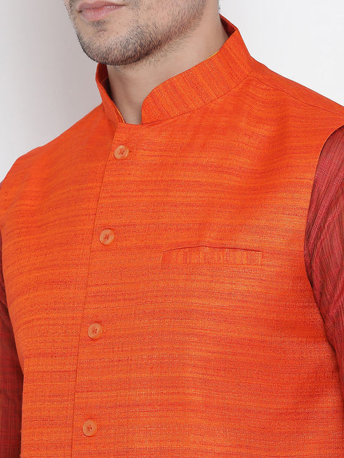 VASTRAMAY Men's Maroon Cotton Silk Blend Kurta, Ethnic Jacket and Pyjama Set